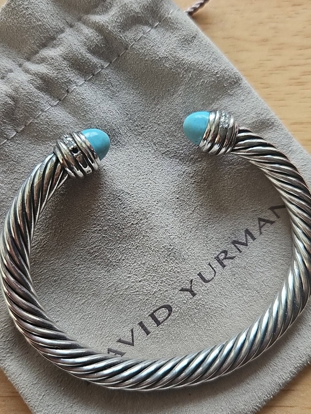 David Yurman Silver Cable Cuff with Turquoise Blue Terminals and Pave Diamonds - Picture 8 of 8